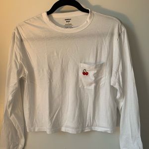 Aritzia Sunday Best white cropped long sleeve with cherry patch